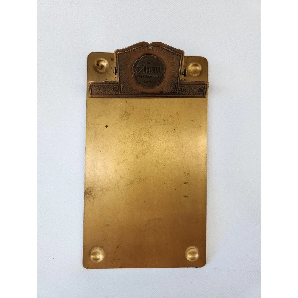 Small Antique Brass Advertising Clipboard Dunhood Leathers Whitehead & Hoag Co
